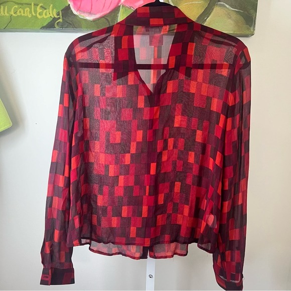 Jones Of New York Red Plaid Checkered Silk Blouse Size 14 - Picture 9 of 12